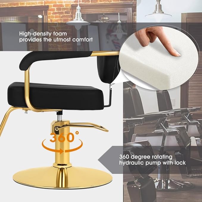 Artist hand Salon Chair for Hair Stylist, Hydraulic Barber Chair 360° Swivel Hair Stylist Chair, Thick Seat with Foot Rest Comfortable Salon and Spa Beauty Equipment Black and Gold