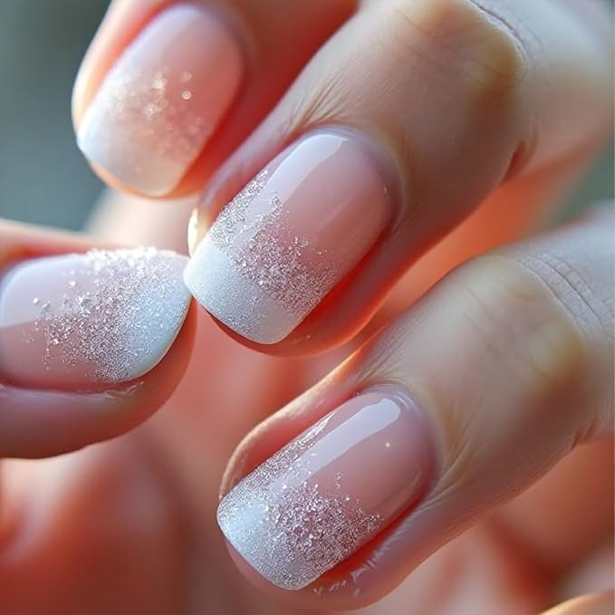 24Pcs White French Tip Press on Nails Short Square Fake Nails with Gradient Design Glossy False Nails Full Cover Artificial Glue on Nails Nude Stick on Nails Spring Summer Nail Supplies for Women DIY