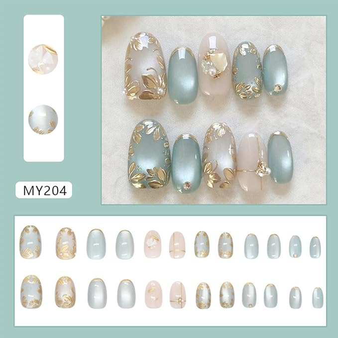 24Pcs Short Almond Press on Nails Gold Flower Fake Nails with 3D Pearl Designs Blue Gilding French False Nails Glossy Full Cover Glue on Nails Summer Acrylic Stick on Nails for Women Manicure Kit