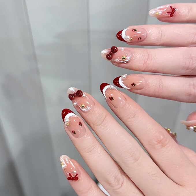10Pcs Red French Tip Press on Nails Short Christmas Fake Nails 3D Gold Butterfly Gems Cute Acrylic Nail Pearl Bow Rhinestones Design Winter False Nail Handmade Glue on Nails for Christmas Manicure