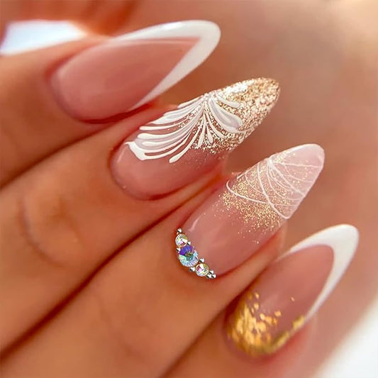 24Pcs Almond Press on Nails Medium French Tip Fake Nails White Nail Tips with Rhinestones Design Gold Glitter False Nails Nude Stick on Nails Flower Nail Supplies for Women Girls DIY Manicure