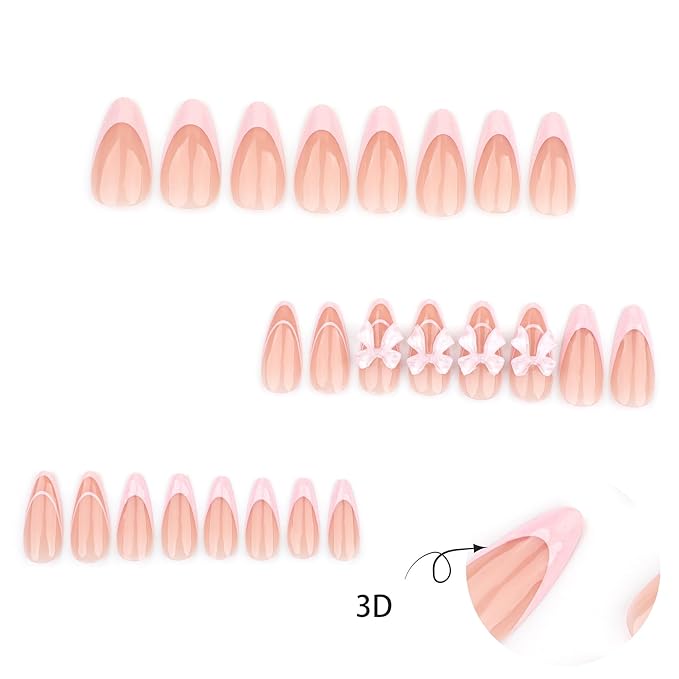 24Pcs French Press on Nails Medium Almond Fake Nails with 3D Bow Rhinestones Pink French Tip Design False Nails Pink Bow Charms Acrylic Stick on Nails Artificial Fingernails Nails Press ons for Women