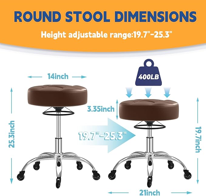 YEEZEE Rolling Stool Heavy Duty 400lb: Super Soft Leather Seat Cushion, 360 Swivel, Height Adjustable 19.7"-25.3", No Squeaky Noises, No Tip Over, Salon & Spa Stool, Brown