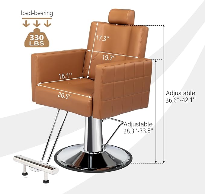 OmySalon Hydraulic Barber Chair Heavy Duty, Salon Chair for Hair Stylist All Purpose, Reclining Hair Salon Chair for Braiding Shampoo Facial Waxing Beauty Spa, 360 Degree Swivel, Camel