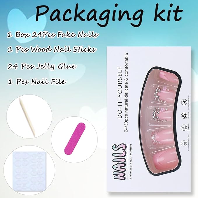 Pink French Tip Press on Nails Short Square Fake Nails with 3D Rhinestone Designs Glossy Pink False Nails Glitter Crystal Nail Tips Acrylic Nails Press on Artificial Nail Set for Women Manicure 24Pcs