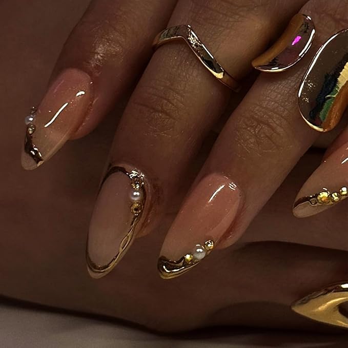 24Pcs French Tip Press on Nails Short Almond Fake Nails 3D Pearls Rhinestones French Line Full Cover Gold False Nails Designs Glue on Nails Glossy Artificial Nails for Women Acrylic Nail Decoration