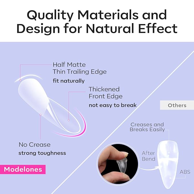 Modelones Pointed Almond Fake Nail Tips - 510Pcs Medium Gel Tips Pre-shaped Half Matte Full Cover Clear Acrylic Gel Kit False Press on Nails for Extension DIY Salon 15Sizes