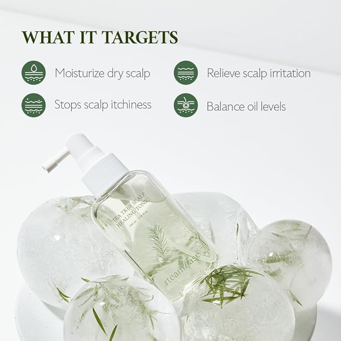 STEAMBASE Tea Tree Scalp Healing Tonic | Relieve Dry, Itchy, and Oily Skin | Hydrating and Nourishing Serum Oil Moisturizer for Calming Scalp | Korean Hair Care Products, 3.38 fl oz