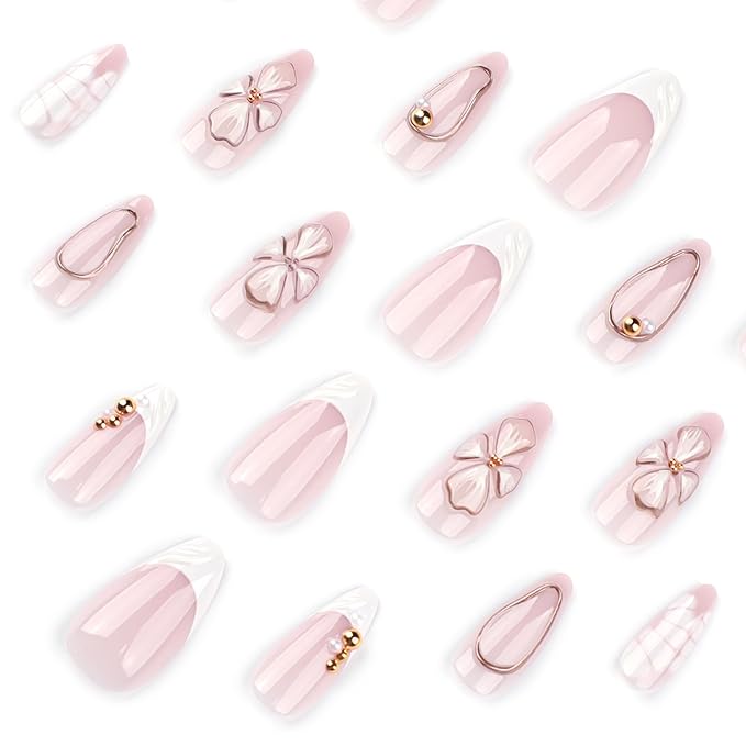 3D Gold Line French Tips Press On Nails Almond Medium, White Flower French Tip Designer Reusable Acrylic Nails Press Ons, Fake Nails With Glue On, Daily Wear Floral False Nails For Women