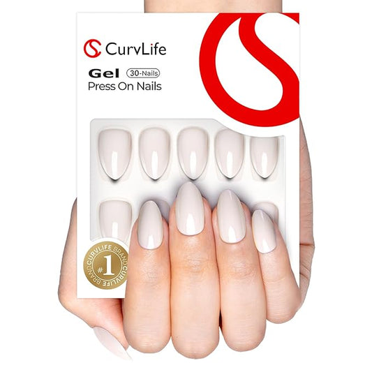 Curvlife Soft Gel Press on Nails, 30Pcs 15 Sizes Nail Tips, Full Cover White Almond Design Reusable Gel Nails Kit with Glue and Adhesive Tabs