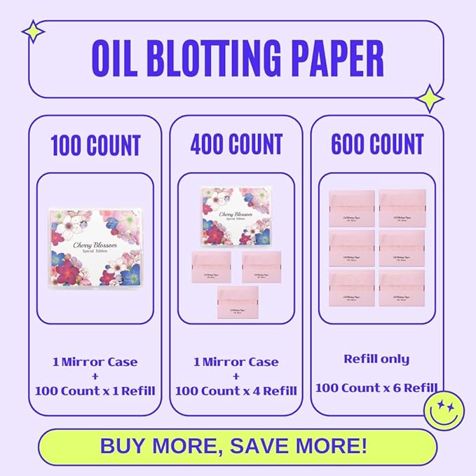 [100 Counts + Mirror Case] Cherry Blossom Natural Oil Blotting Paper for Face Korean with Mirror Case
