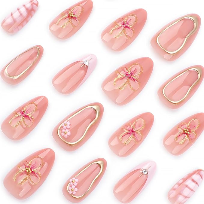 24Pcs Short Almond Press on Nails French Tip Fake Nails Acrylic Nail Kit 3D Flower Pearl Charms Full Cover Tips Stick on Nails Pink False Nails Spring Nails for Women Girls Manicure Salon Decorations