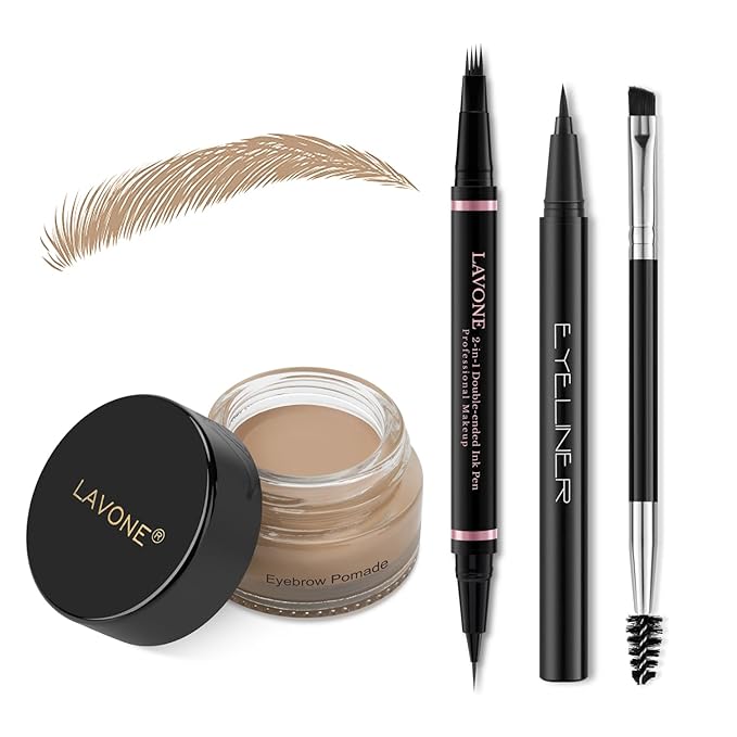 Eyebrow Pencil Makeup Kit, with Waterproof 2-IN-1 Microblading Eyebrow Pen, Eyebrow Pomade, Eyeliner and Dual-ended Eyebrow Brush, Brow Pencil Kit for Natural Eyebrows - Blonde