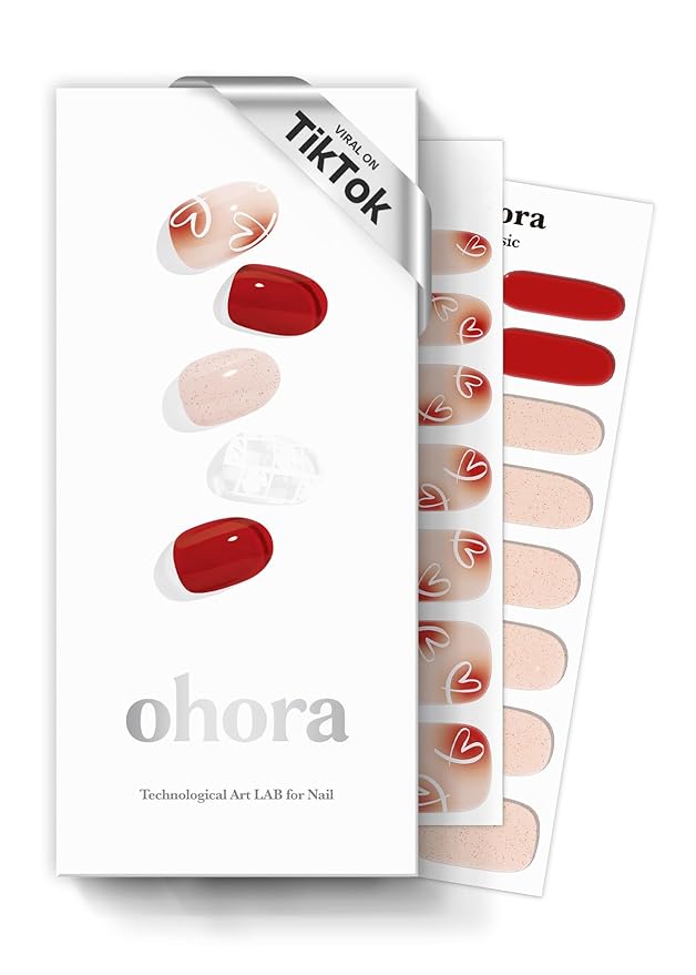 ohora Semi Cured Gel Nail Strips (N Love-Sign) - Red, Patterned, Works with Any UV/LED Lamps, Salon-Quality, Long Lasting, Easy to Apply & Remove - Includes 2 Prep Pads, Nail File & Wooden Stick