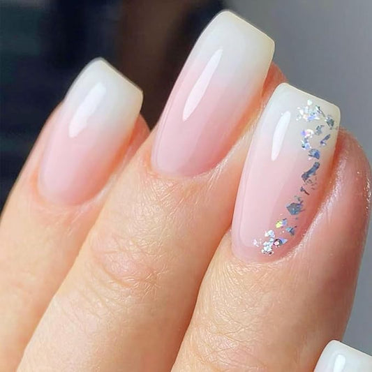 24Pcs Pink Gradient Press on Nails Sequin Gel Glue on Fingernails White Ombre Acrylic Full Cover Fake Nails Glossy Silver Glitter Medium Coffin False Nail Simple Stick on Nail for Holiday Manicure Art