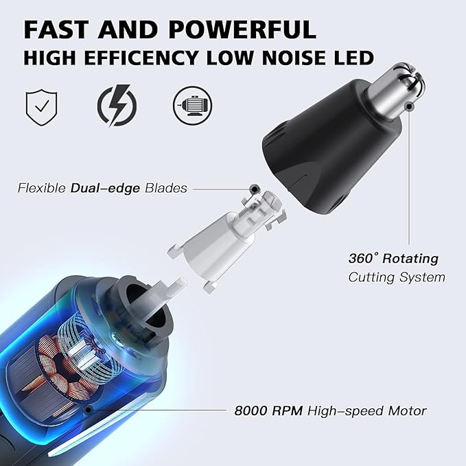 Nose Hair Trimmers for Men，Rechargeable Hair Trimmer 2 in 1 Painless Multifunctional Ear and Nose Hair Trimmer with IPX7 Waterproof Dual Edge Blades (Black)