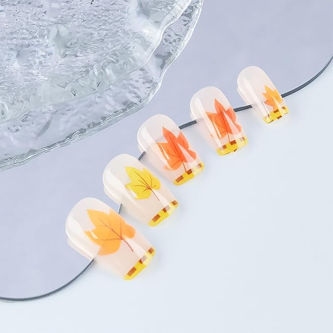 Maple Leaf Press on Nails 24Pcs Glossy Yellow Grid French Tip Acrylic Fake Nail Thanksgiving Medium Square False Nails Fall Leaves Stick on Fingernails Autumn Gel Glue on Nail for Coquette Women Girls