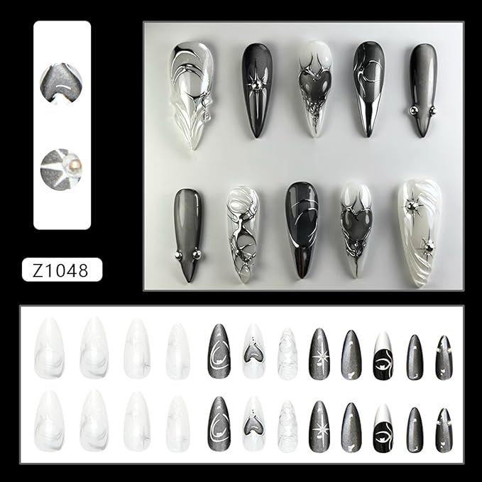 24Pcs Black Press on Nails Medium Length Almond Fake Nails Sparkling Star Gothic Dark Black Style Full Cover Press on Glossy Acrylic Nails Stick on Nails French Tip Nail Art Decoration for Women
