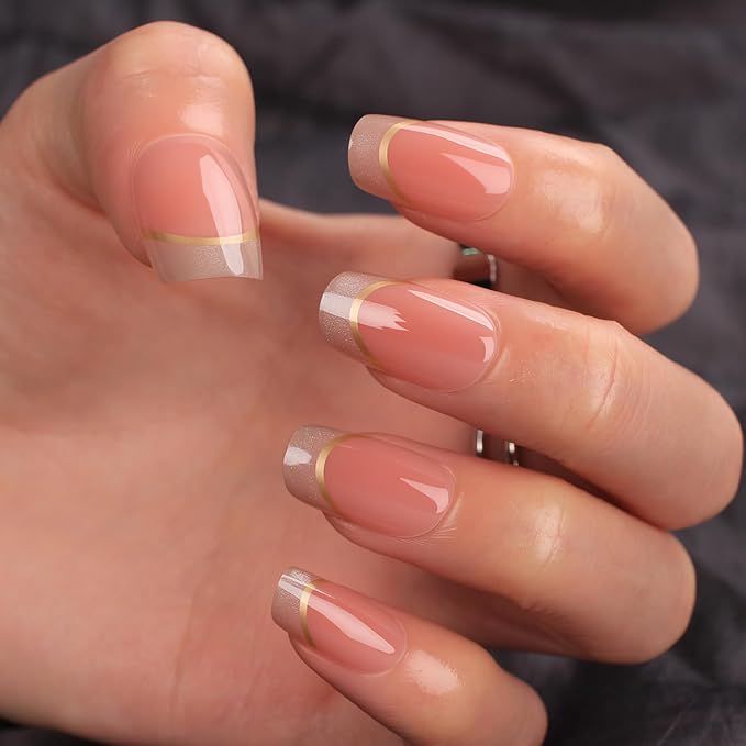 Short Almond Press On Nails Nude Glitter French Tips with Gold Outline, Glossy Acrylic Fake Nails, Reusable Stick On Nails Kit with Glue for Women, Elegant Shimmery Manicure Set