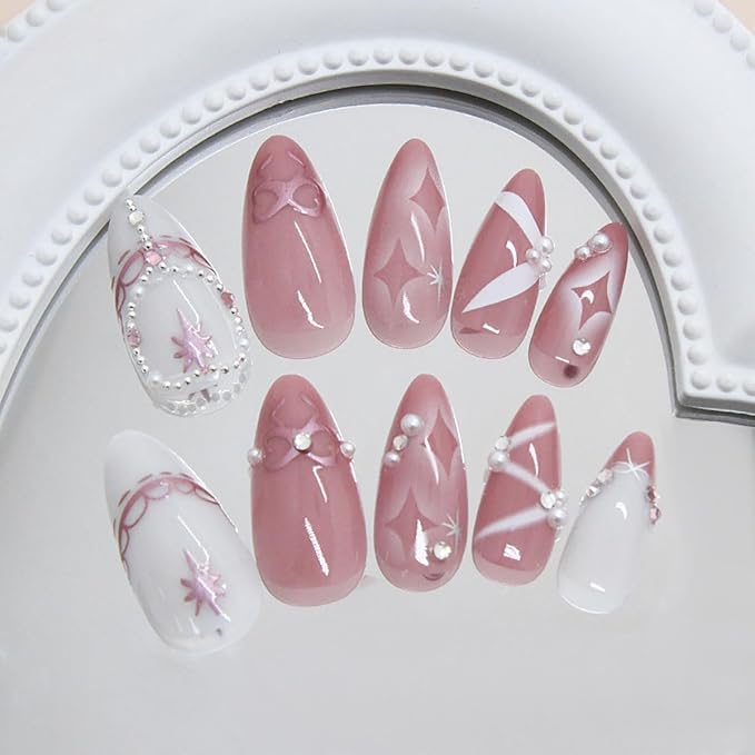 24Pcs Star Press on Nails Medium Almond Fake Nails Cute Bow Star with Rhinestones Glitter Designs Full Cover Pink White Glue on Nails French Tip False Nails for Women Girls Artificial Acrylic Nails