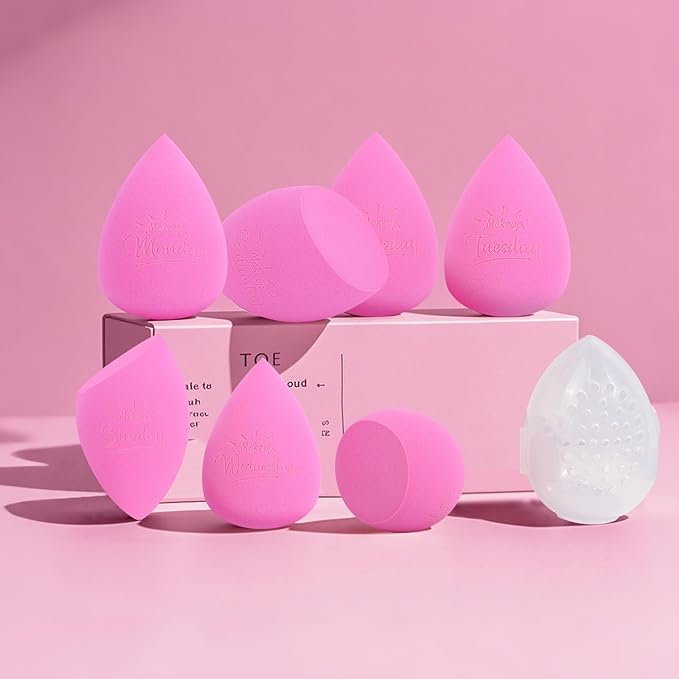 Real Perfection Makeup Sponge Set Blender Sponges, Latex-Free Beauty Makeup Sponges 7 pcs with 1 Travel Container Case for Blending Foundation Liquid Cream and Powder (Pink)