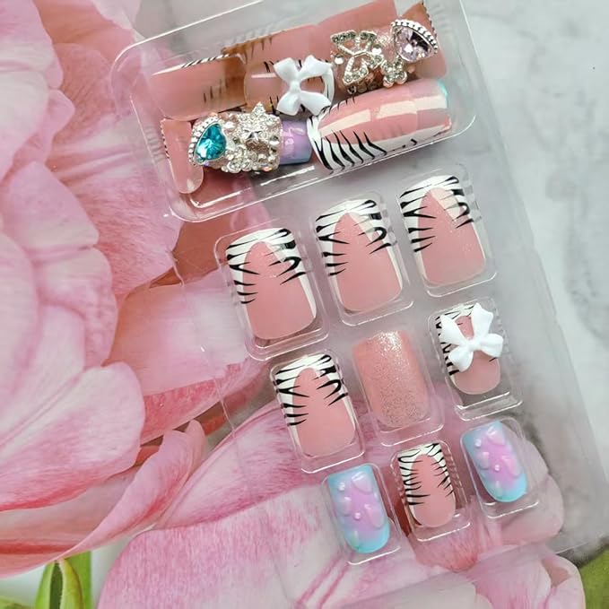 24Pcs Rhinestones Press on Nails Short Square Fake Nails with 3D Silver Butterfly Design Colorful Rhinestones Glue on Nails Cute Bow False Nails French Tip Press ons Stick on Nails for Women Girls