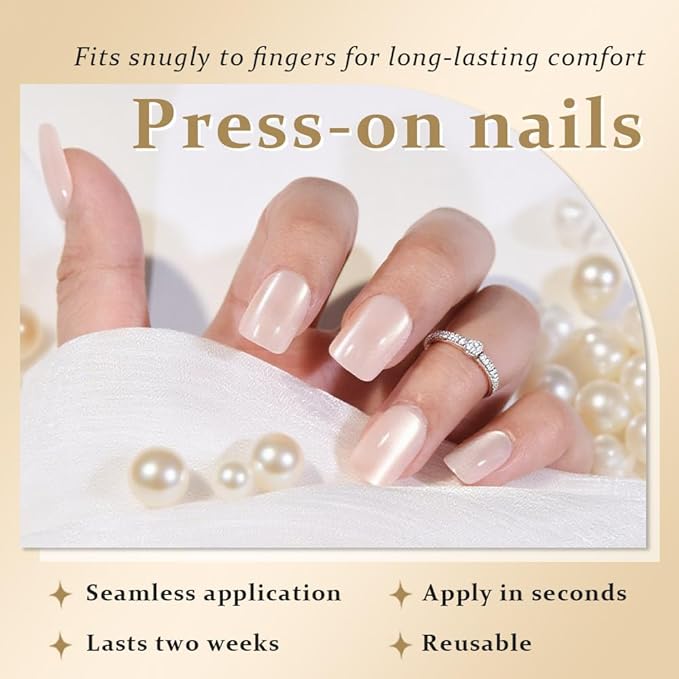 evpct Nude Cat Eye Short Press on Nails Square, Glue on Nails Short Square for Women Gift, Pearl White Metallic Glitter Glossy Reusable Spring Summer Stick Gel Press on Acrylic Fake Nail with Designs