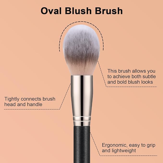 TEOYALL Oval Blush Brush, Ultra Plush Fluffy Synthetic Bristles Powder Brush for Contour Bronzer Cheek with Loose Powder