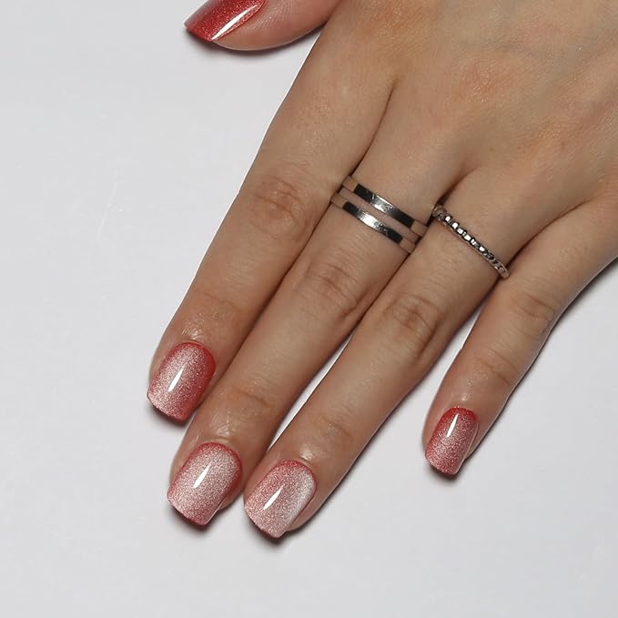 Short Square Press On Nails, Red Cat Eye Press on Nails Fashionable Gel False Nails Reusable Acrylic False Nails Women's Glitter Nails Glue Patch Nails Set, Red Water Gloss White, 24Pcs