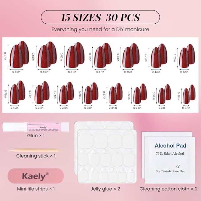 evpct Press on Nails Almond Short, Dark Red Glitter Shimmer Shiny Short Almond Fake Nails for Women Gift, Soft Gel Press Glue On Nails with Nail Glue, 30Pcs Reusable Acrylic Fake Nail Manicure Kit