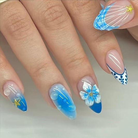 24Pcs Autumn Press on Nails Medium Almond Fake Nails 3D Flower Glue on Nails Blue French Tip False Nail Nude Pink Acrylic Nail Press on Metal Starfish Stick on Nail for Women DIY Manicure Salon