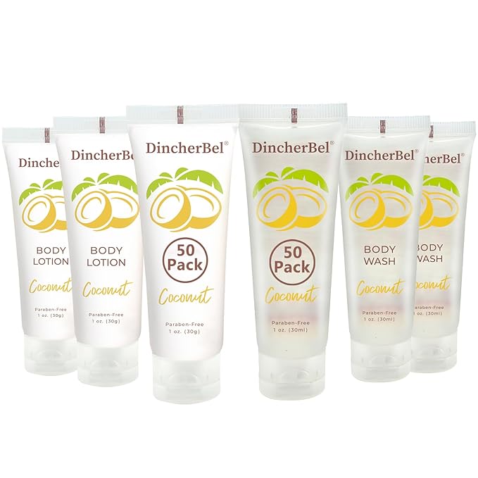 DincherBel Travel Size Body Wash and Body Lotion - Bulk Hotel Toiletries Supplies for Guests - Refreshing Tropical Coconut Scent Shower Gel and Body Cream for Men & Women (1 Fl Oz, 100 Pack)