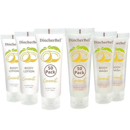 DincherBel Travel Size Body Wash and Body Lotion - Bulk Hotel Toiletries Supplies for Guests - Refreshing Tropical Coconut Scent Shower Gel and Body Cream for Men & Women (1 Fl Oz, 100 Pack)