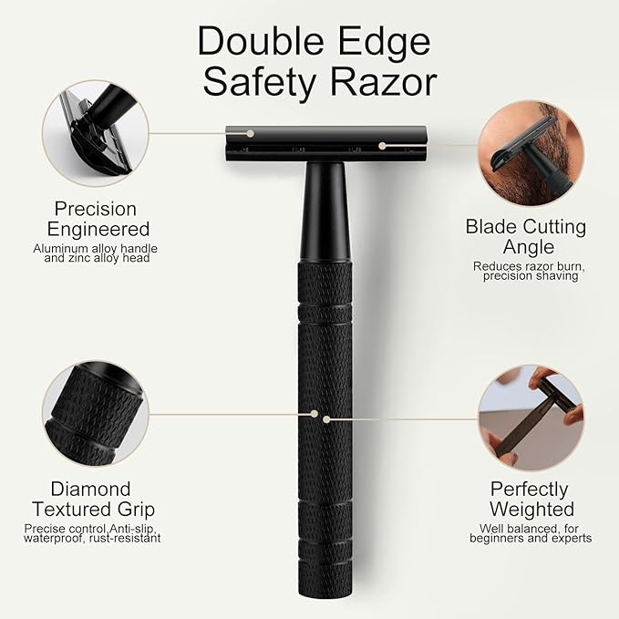 Matte Black Safety Razor, Single Blade Razors for Men, with 10 Stainless Steel Double Edge Blades, Reusable Metal 1 Blade Razor, Eco-Friendly, Smooth and Close Shave, Sustainable, Plastic Free