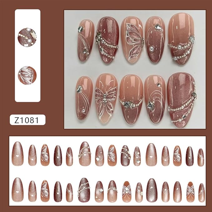 30Pcs Dark Pink Press on Nails Medium Almond Nails 3D Butterfly Pearl Rhinestone Fake Nail Y2K Designs Acrylic Glue on Nails Kit Reusable Artificial Nail Glossy Full Cover False Nail for Women