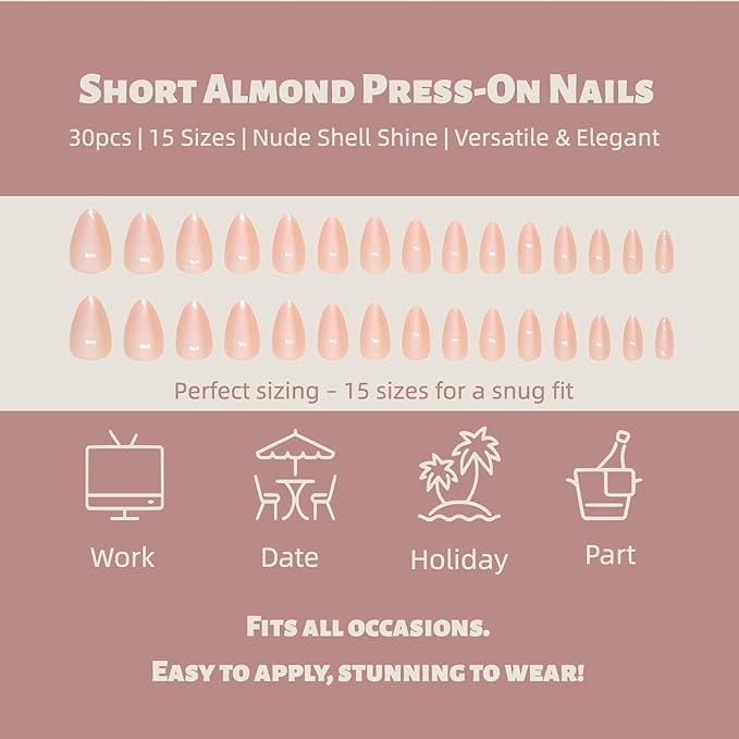30PCS Short Almond Press-On Nails – Nude Shell Gloss Fake Nails with 15 Sizes, Soft Back Edge & Durable Tip, No Measuring Needed, Reusable Stick-On Nail Tips with Glue & Tools for Women