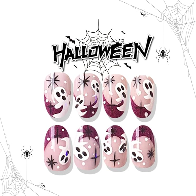 Halloween French Tip Press on Nails Short Almond Fake Nails with Design Glossy Full Cover Acrylic Nails Cute Ghost Halloween False Nails Reusable Stick on nails for Women DIY Holiday Nails Decor 24Pcs