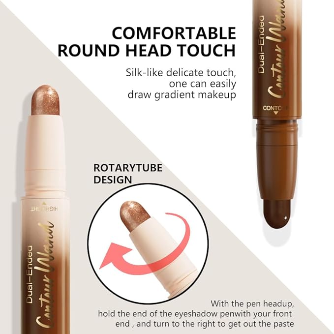 2in1 Cream Contour Highlighter Stick, Neutral Bronzer Makeup Sticks, Applies Dual-Ended Sculpting Stick for Face Body, Long Lasting No Smudging, Suitable for Makeup Beginners-Deep Rich