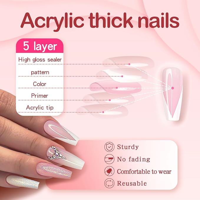 Yivaiks French Nude White Press on Nails Medium | Long Coffin Ballerina glitter Diamond Crystal Glossy Fake Acrylic Nails False Tips Manicure for Women and Girls…