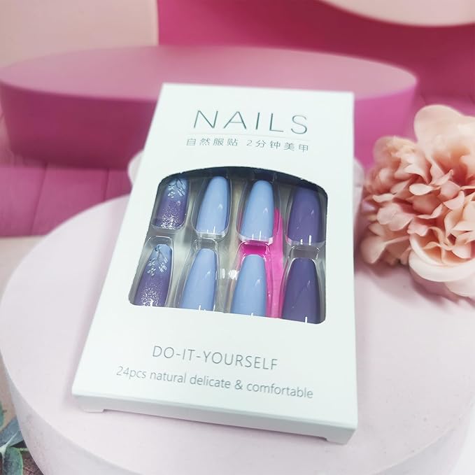 Medium Coffin Acrylic Full Cover False Nails Purple Flower Press on Nails Blue Gradient Stick on Nails Glossy Silver Glitter Fake Nails 24Pcs Wild Flowers Gel Glue on Nails for Coquette Women Girls
