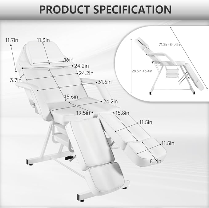 Facial Chair, Foldable Tattoo Chair with Split Legs Hydraulic Stool Massage Table Spa Bed for Beauty Capacity 330lbs White