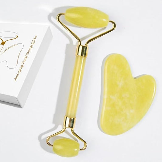 Natural Jade Roller & Gua Sha Set, Self Care Colorful Gift for Face Eye Neck Massager for Women Men, Jade Gua Sha Tool for Face for Skin Care, Improves Skin Tone-Beauty & Skincare (Yellow)