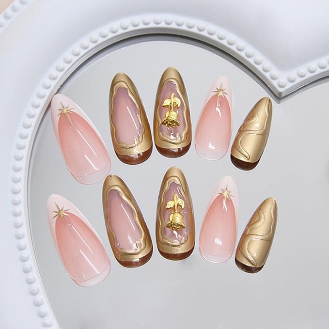24Pcs French Tip Press on Nails Medium Almond Fake Nails 3D Star Irregular Ripple Gold Rose Nail Design Elegant Sparkly French Glue on Nails Press ons False Nails Reusable Acrylic Nails for Women