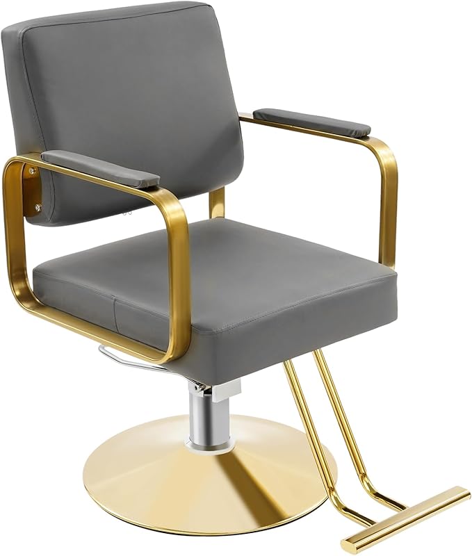 Barber Salon Chair, Hair Salon Chair for Hair Stylist for Barbershop Home Height Adjustable & 360° Swivel Styling Barber Chairs Spa Beauty Equipment, Max Load Weight 440Lbs (Grey+Gold)