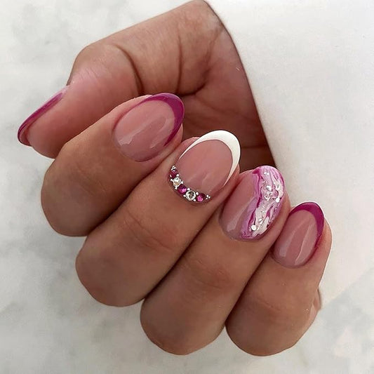 Short Almond Press on Nails Purple French Tip Fake Nails Oval False Nails with Designs Wave Rhinestones Glue on Nails Full Cover Acrylic Nails Glossy Stick on Nails for Women Manicure Art 24 Pcs