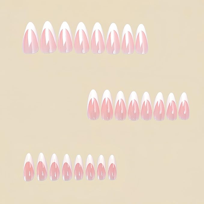 French Tip Press on Nails Medium Almond Fake Nails Press ons with Designs Chrome False Nails Long Glossy Full Cover Glue on Nails Cute Acrylic Stick on Nail for Women Nail Manicure Decoration 24Pcs