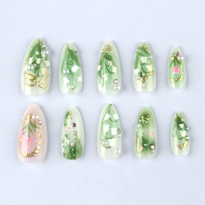 3D Pearl Gold Line Green Flower Acrylic Nails, Y2k Press On Nails Almond Medium, French Tip Floral Nails Designer Reusable Fake Nail with Glue On Nail, Sage Green Party Nail for Women