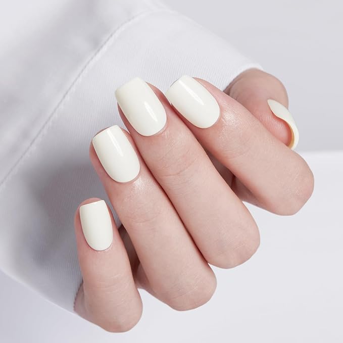 Modelones Milky White Press on Nails, Christmas Short Square Fake Nails, Reusable Nail Kit with Nail Glue Adhesive Tabs Mini Nail File, Nails Press Ons 32Pcs16 Sizes, Women Girl Gift