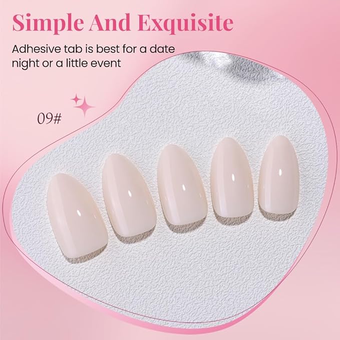 evpct Glossy Press on Nails Short Almond Short for Women, Nude White Fake Nail with Glue Salon Quality Reusable Stick on Nails In 15 Sizes 30Pcs Full Cover False Nail Soft Gel Set Kit for Gift, 09