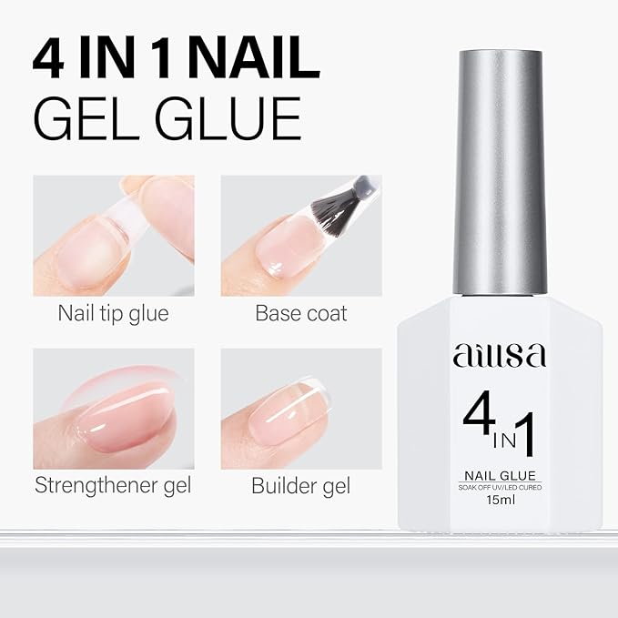AILLSA 2PCS Gel Nail Glue for Acrylic Nails, 4 in 1 Super Strong Adhesive for False Tips, UV Curing Needed, 15ml High Capacity Extension Brush On for Rhinestone Pearl Foil